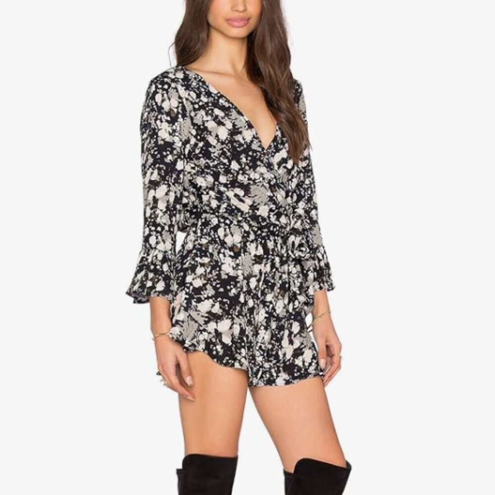 Free People All The Right Ruffles Romper Black Raven Combo Waist Sash M